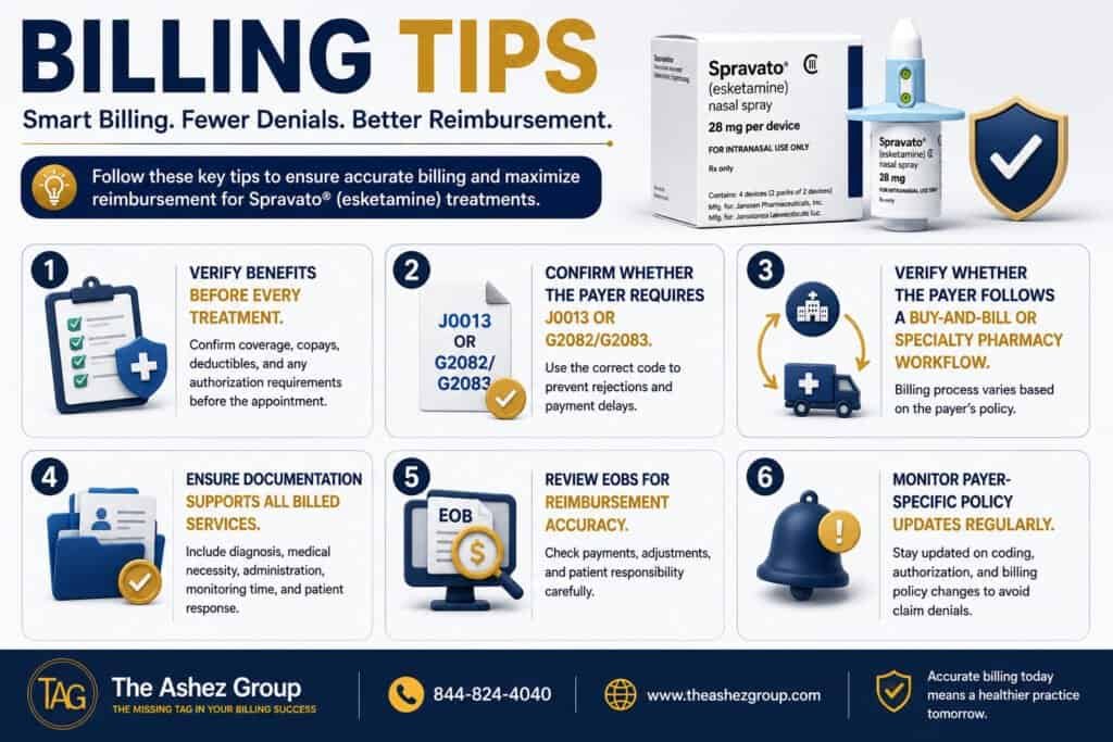Spravato Billing Guide: Coding, Prior Authorization & Reimbursement Tips 2 Spravato Billing tips infographic highlighting six best practices for accurate reimbursement, including insurance verification, J0013 and G2082/G2083 code selection, buy-and-bill vs. specialty pharmacy workflows, documentation requirements, EOB review, and payer policy updates.