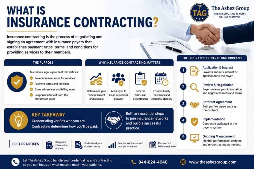 Credentialing vs Contracting: 10 Key Differences Every Healthcare Provider Should Know 2 Insurance Contracting infographic explaining the provider contracting process, payer agreements, reimbursement rates, and insurance network participation.