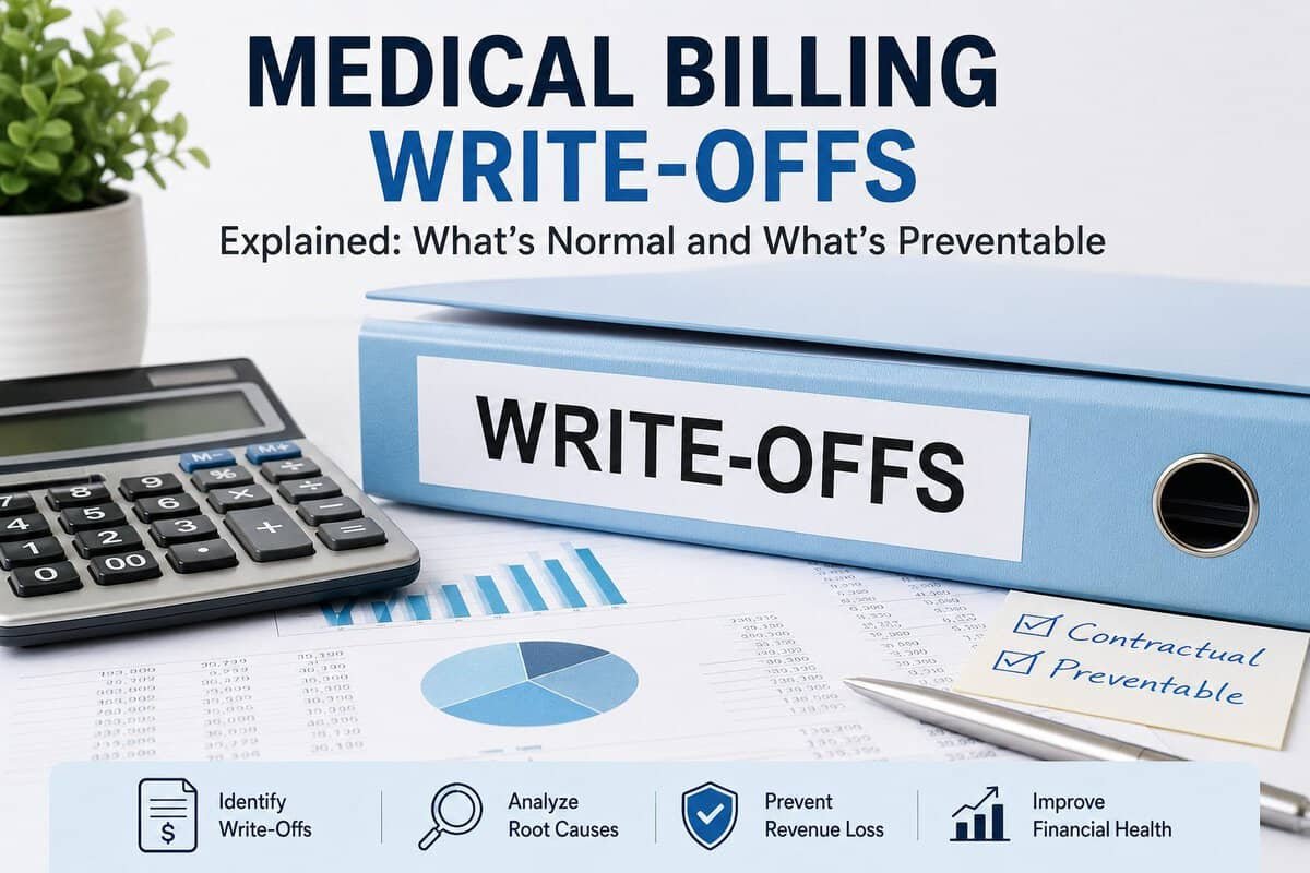Medical Billing Write-Offs infographic explaining the difference between contractual and preventable write-offs and how healthcare providers can reduce revenue loss through effective revenue cycle management.
