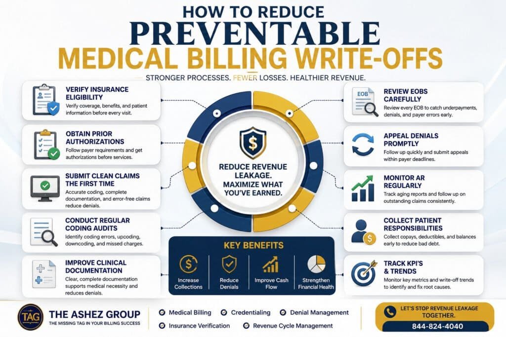 Medical Billing Write-Offs Explained: What's Normal and What's Preventable 1 How to Reduce Preventable Medical Billing Write-Offs infographic showing proven revenue cycle management strategies to reduce revenue leakage, improve claim accuracy, and maximize healthcare reimbursements.