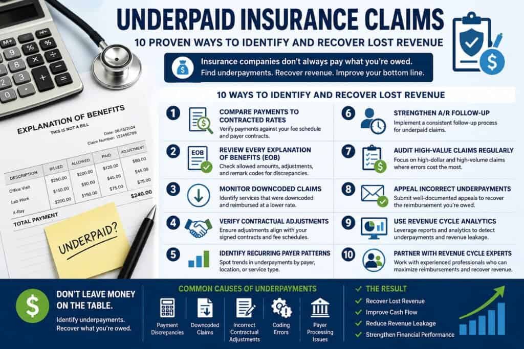 Underpaid Insurance Claims infographic showing 10 proven ways healthcare providers can identify payment discrepancies, recover lost revenue, and improve reimbursements through effective revenue cycle management.