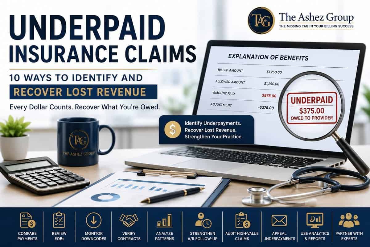 Underpaid Insurance Claims feature image illustrating how healthcare providers can identify payment discrepancies, recover lost revenue, review Explanation of Benefits (EOBs), and improve reimbursements through effective revenue cycle management.