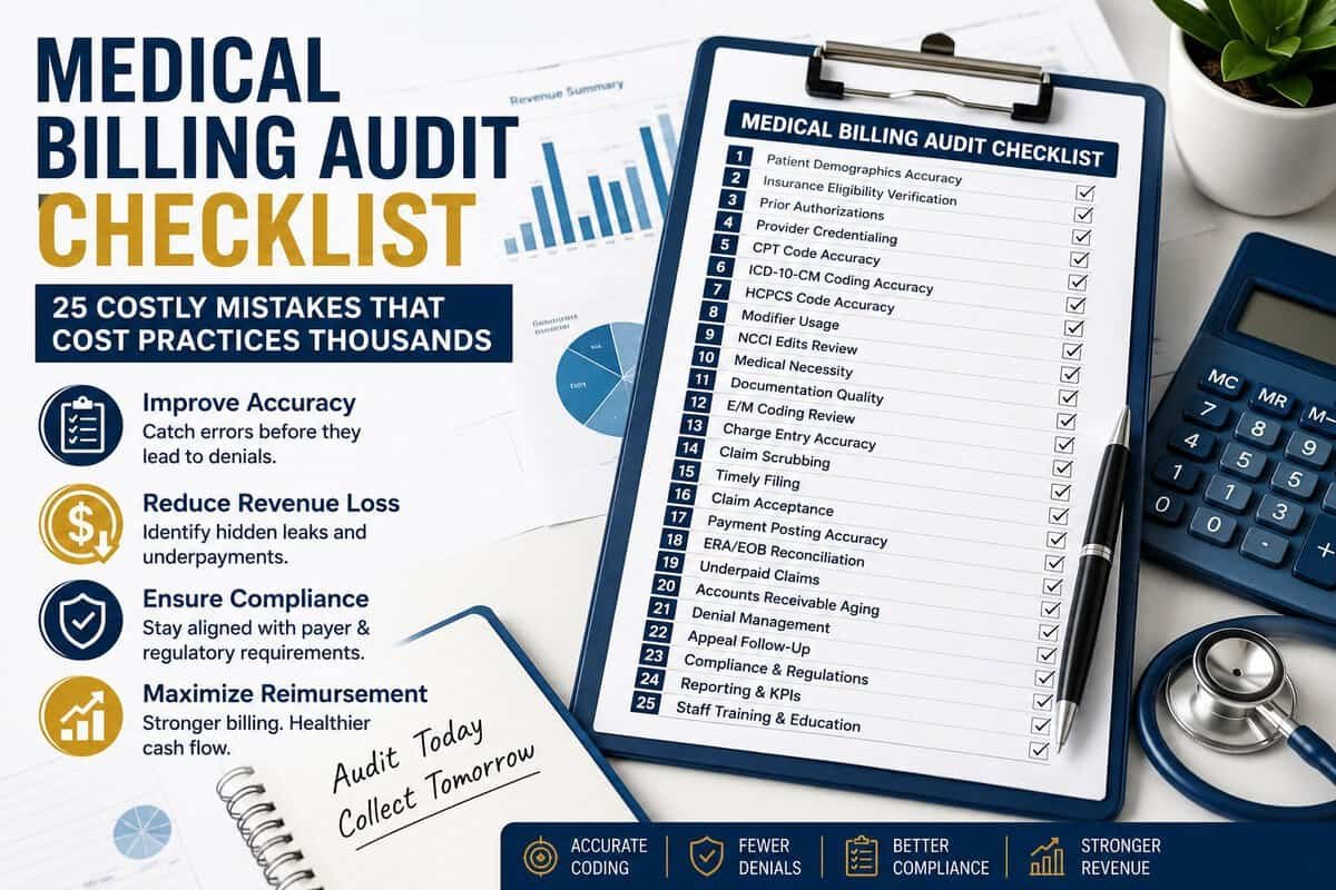 Medical Billing Audit Checklist infographic featuring a 25-point audit checklist to improve coding accuracy, reduce claim denials, strengthen compliance, identify revenue leaks, and maximize insurance reimbursement for healthcare practices.