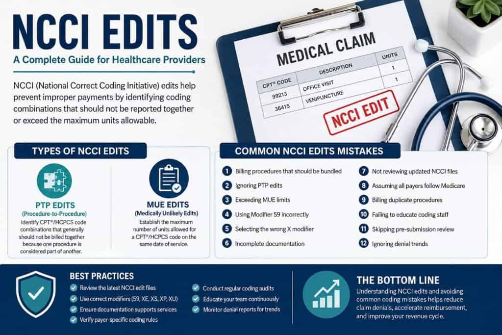 NCCI Edits: 12 Costly Coding Mistakes to Avoid 1 NCCI Edits infographic explaining Procedure-to-Procedure (PTP) edits, Medically Unlikely Edits (MUEs), common coding mistakes, and best practices to reduce claim denials and improve medical billing compliance.