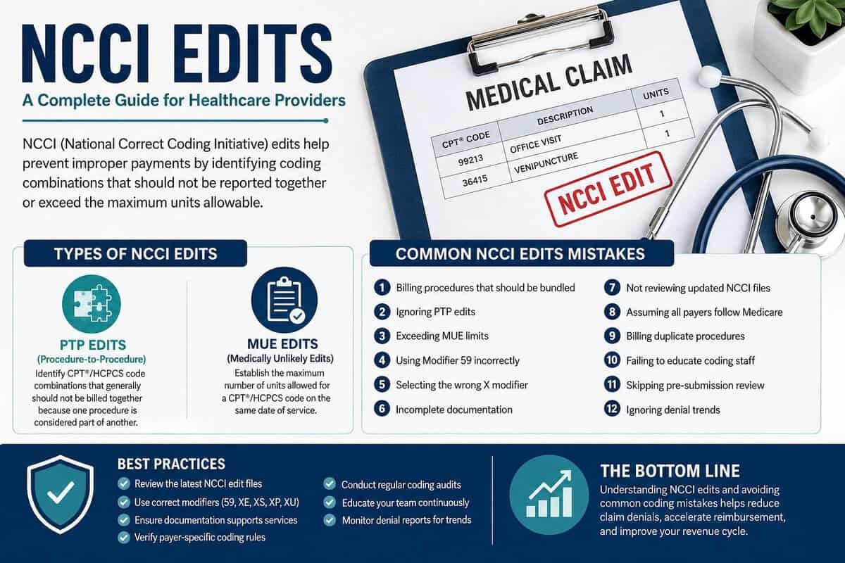 NCCI Edits infographic explaining Procedure-to-Procedure (PTP) edits, Medically Unlikely Edits (MUEs), common coding mistakes, and best practices to reduce claim denials and improve medical billing compliance.
