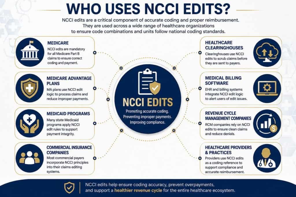 Diagram illustrating who uses NCCI edits, including Medicare, Medicaid, commercial insurance, healthcare clearinghouses, medical billing software, revenue cycle management, and healthcare providers.