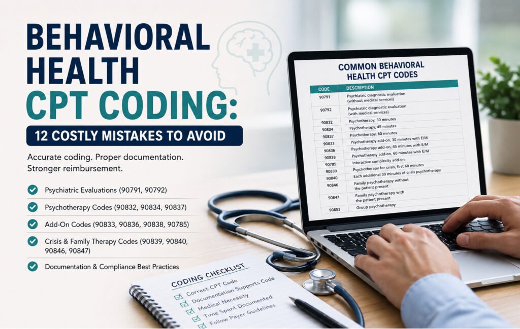 Behavioral Health CPT Coding infographic highlighting common psychiatric CPT codes, documentation requirements, psychotherapy coding, and 12 costly coding mistakes to help reduce claim denials and improve reimbursement.