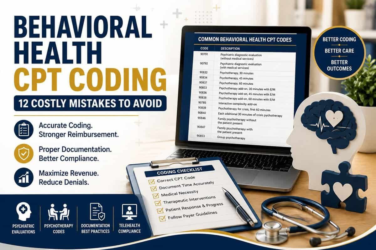 Behavioral Health CPT Coding feature image illustrating common psychiatric CPT codes, accurate documentation, psychotherapy coding, compliance, and 12 costly coding mistakes to help reduce claim denials and maximize reimbursement.