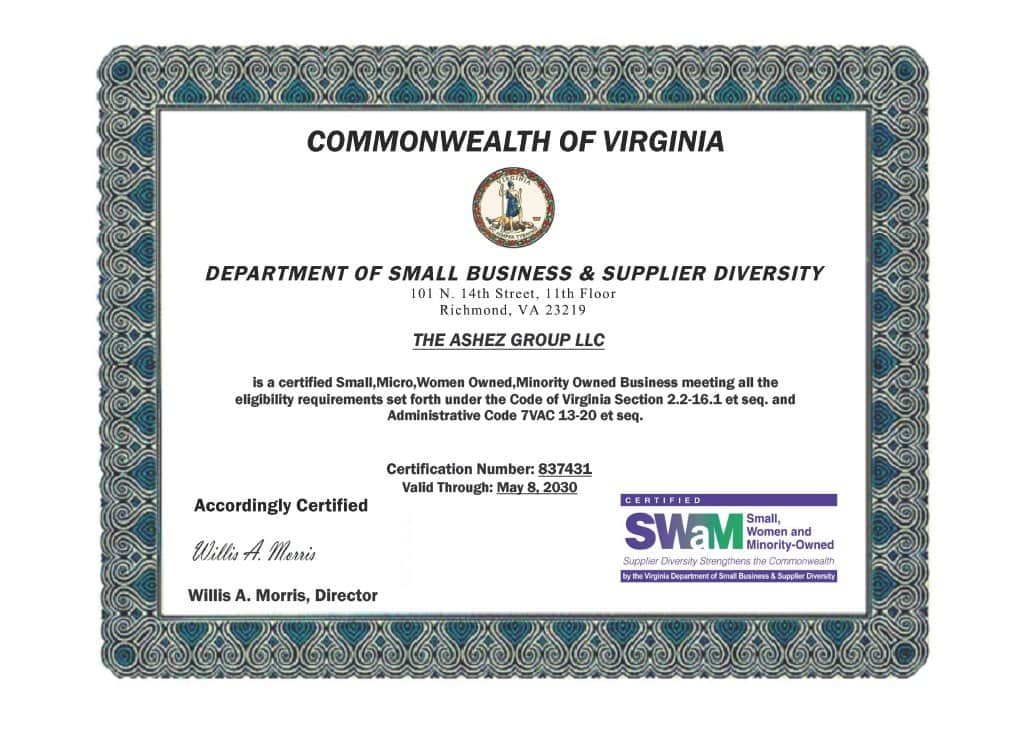 About The Ashez Group – Certified Medical Billing Experts You Can Trust 1 Virginia small business certification document issued to The Ashez Group LLC, confirming compliance with Virginia Small, Women, and Minority-Owned Business standards.