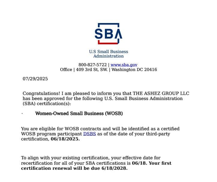 About The Ashez Group – Certified Medical Billing Experts You Can Trust 2 U.S. Small Business Administration certification document for The Ashez Group LLC, confirming eligibility for WOSB contracts and third-party certification.