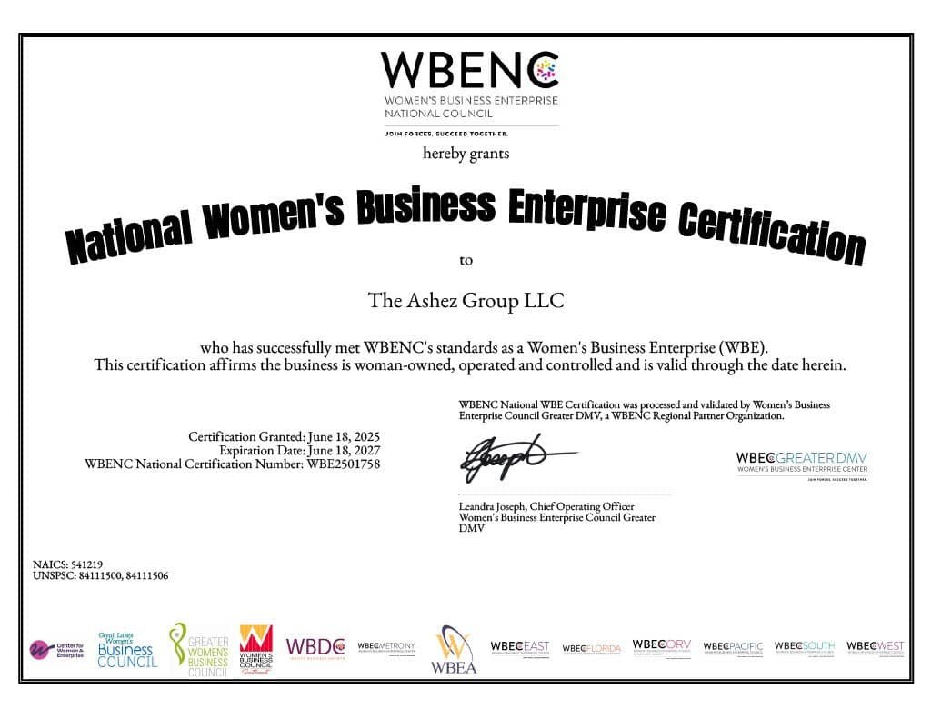 About The Ashez Group – Certified Medical Billing Experts You Can Trust 3 National Women's Business Enterprise Certification awarded to The Ashez Group LLC by WBENC, recognizing women-owned business status.
