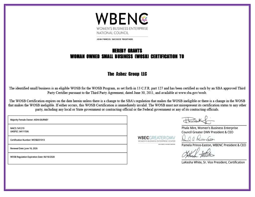 About The Ashez Group – Certified Medical Billing Experts You Can Trust 4 Certificate of Woman Owned Small Business (WOSB) certification awarded to The Ashez Group LLC by WBENC, recognizing their eligibility under the WOSB program.